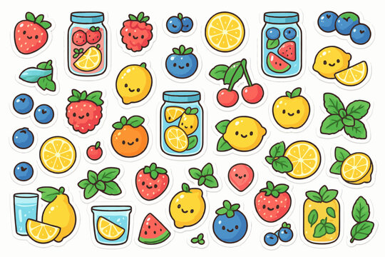 Cute fruity sticker collection: happy lemons, cherries, and berries with smiling faces
