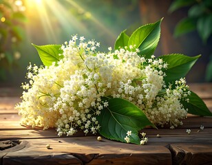 Elderflower blooms and leaves rest on warm wood in soft sunlight, casting golden rays and shadows