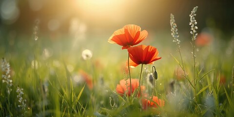 Sunlit red poppies in bloom with vibrant green foliage, suitable for floral background designs
