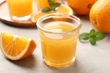 Fresh orange juice, mint and fruits on light table, closeup