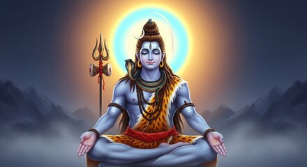 Fototapeta premium Lord Shiva Meditation Idol. Blue Golden Aura Spiritual 4K Wallpaper.