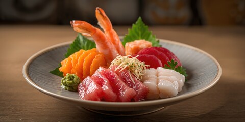 Large sashimi plate featuring salmon and assorted raw fish, suitable for restaurant display, Japanese food, no holiday