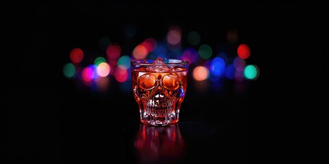 Cocktail in a skull-shaped glass illuminated on a dark background, nightlife and themed drinks