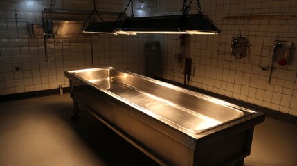 Stainless Steel Examination Table Under Bright Overhead Lights in an Empty Room