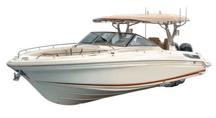 A sleek, cream-colored cabin cruiser with a tan canopy, sitting on water