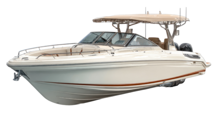 A sleek, cream-colored cabin cruiser with a tan canopy, sitting on water