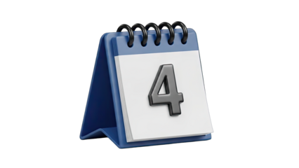 Desktop Calendar Showing the Number 4 With a Blue Base and Spiral Binding on a Transparent Background Isolated 3D Rendering