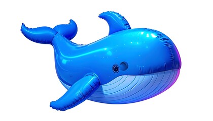 Glossy, vibrant blue inflatable whale, isolated on white, its fin and tail curled upwards, reflecting light