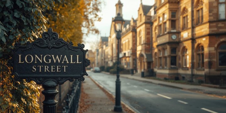 Historical cast iron street sign indicating Longwall Street in Oxford, England, serving as a city landmark and heritage marker