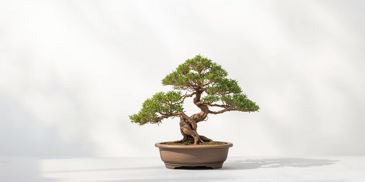 Bonsai tree isolated on a plain background used as a decorative plant in interior design, Earth Day