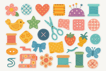 Colorful sewing craft elements with scissors, buttons, and thread spools