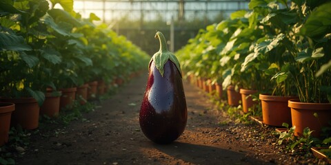 Greenhouse-grown purple eggplant emphasizing controlled environment agriculture