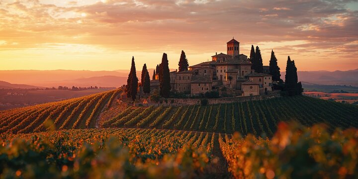 Sunset over lush vineyards in Casale Marittimo, Tuscany, Italy, peaceful rural scenery, seasonal change
