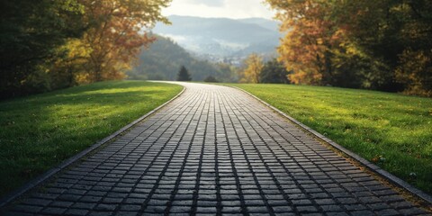 Long ascending pathway paved with blocks, serving as a practical route for vehicles or pedestrians, highlighting construction quality