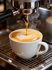 Fresh Espresso Coffee with Crema Pouring from Coffee Machine