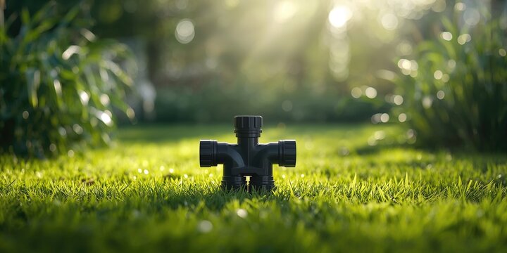 Plastic water pipe with three outlets lying on grass, designed for garden irrigation efficiency