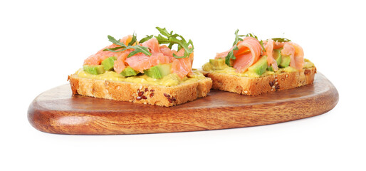 Tasty bruschettas with salmon, arugula and avocado isolated on white