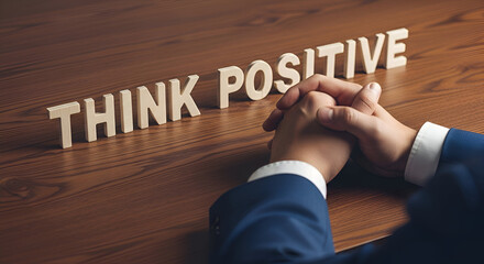 Businessman contemplates wooden letters spelling think positive resting hands on rich brown wooden desk surface promoting mindset and motivation