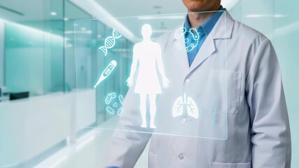 Doctor hand interacting with digital healthcare interface showing human anatomy data, medical diagnosis technology and artificial intelligence science concept in futuristic hospital. - Powered by Adobe