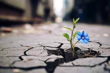 Tender flower growing through cracked surface. Symbol of rebirth. Environmental issues and ecology crisis concept