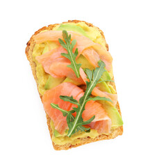 Tasty bruschetta with salmon, arugula and avocado isolated on white, top view