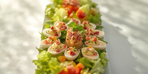 Easter table decoration with eggs filled with mayonnaise and prosciutto ham or mushrooms, vegetable salad for festive presentation
