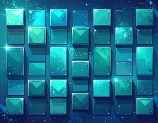 Glossy teal squares arranged against a cosmic backdrop. Light flickers, adding dimension to the mosaic-like scene