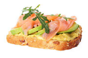 Tasty bruschetta with salmon, arugula and avocado isolated on white