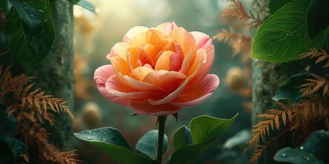 Detailed view of a flower amid leaves in a lush garden setting, highlighting floral textures for landscape planning