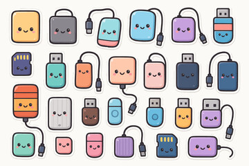 Fototapeta premium Cute cartoon faces on usb drives and memory cards with smiling expressions