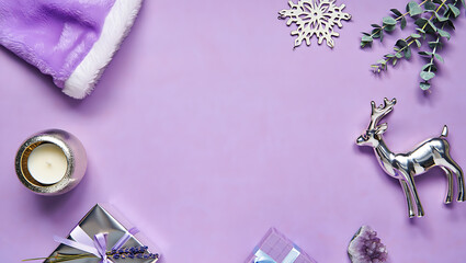 A chic and modern Christmas flat lay on a lavender background with a Santa hat, a candle, and silver ornaments.