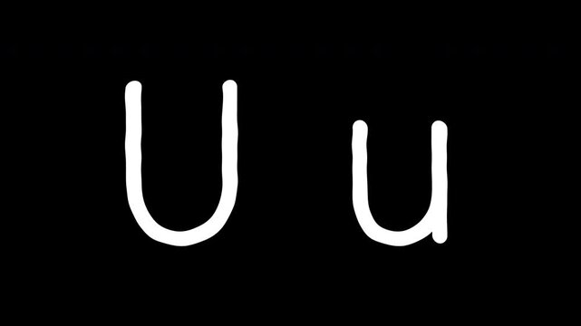 Letter U uppercase and lowercase scribble animated on transparent background. White alphabet U messy line motion graphic with alpha channel.