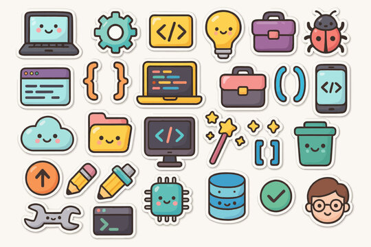 Cute cartoon technology icons of laptops, coding, and gadgets