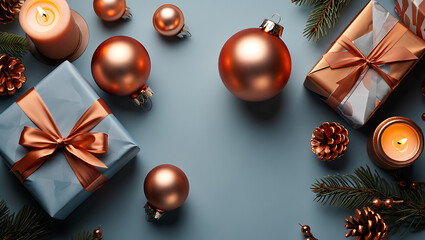 A cozy and elegant Christmas flat lay with gifts, candles, and rose gold ornaments on a grey-blue background.
