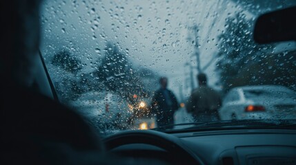 View from a Car Interior with Raindrops on the Windshield and Two Figures Walking in the Street