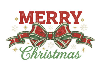 Vintage Merry Christmas Typography with Ribbon Bow and Grunge Texture