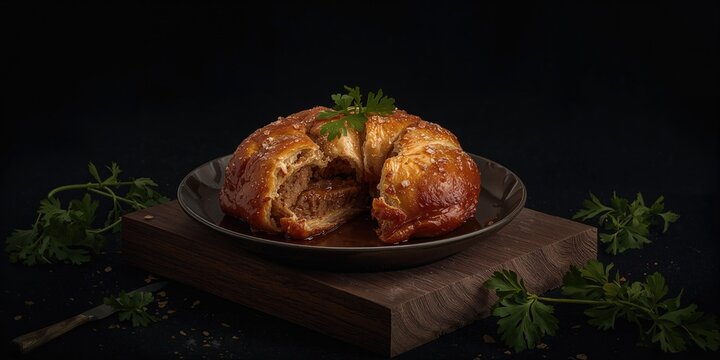 Traditional Russian belyashi pastry on dark backdrop, used for menu or recipe presentation