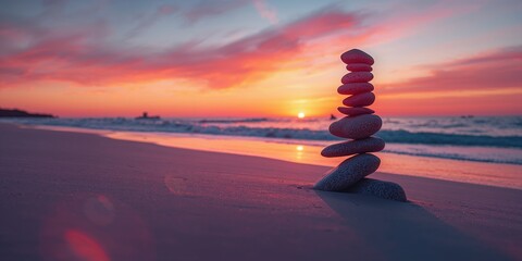 Serene rock formation on a tranquil shoreline during sunset emphasizing natural stability, Earth Day