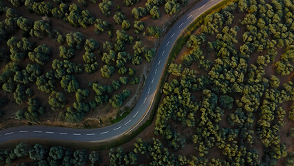 A top-down drone view of a winding road through a forest landscape with earthy, autumn tones.