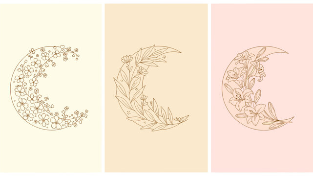 Crescent moon floral illustration set in pastel colors