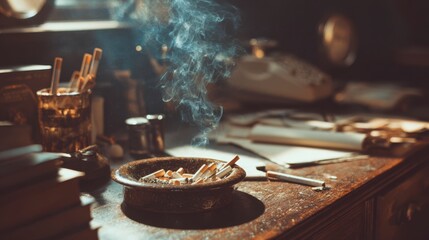 Vintage Desk Scene with Ashtray Filled with Cigarettes and Soft Morning Light