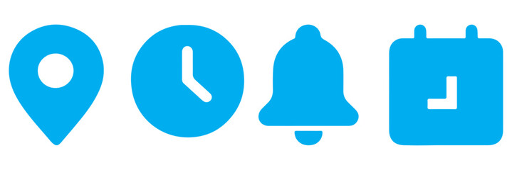 Solid clock, bell and calendar icons for event planning vector illustration. Reminder and navigation elements symbol. Schedule and date management sign. Modern interface concept