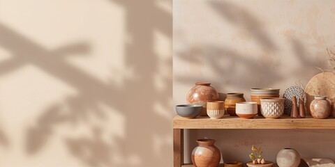 Creative workshop setting with backgrounds, shelves, and pottery in a manufacturing startup, workspace organization