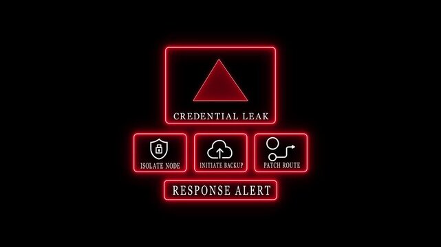 Cybersecurity alert credential leak with response options. Glowing neon animation 4k video....