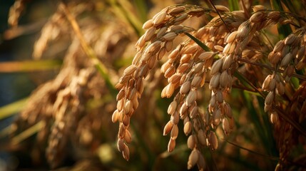 Fototapeta premium Close-up View of Golden Rice Grains Growing on a Plant in a Sunlit Agricultural Field During Harvest Season for Food and Nature Themes