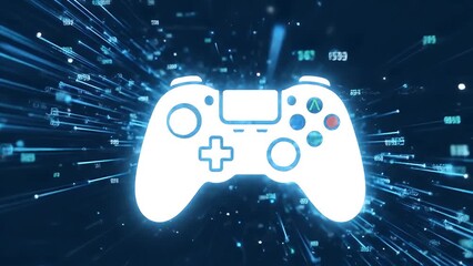 Glowing gamepad icon amidst abstract blue digital data streaks - Powered by Adobe