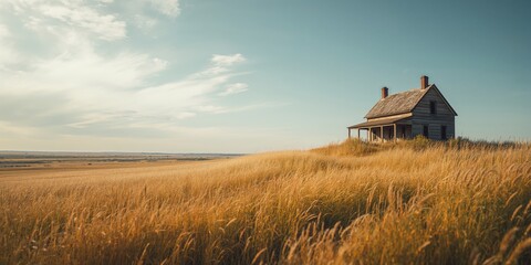 Dilapidated small house with sloped roof on a hillside amid tall grass, highlighting rural decay, World Habitat Day