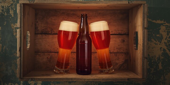 Full beer bottles and glasses in a rustic wooden crate, highlighting beverage handling