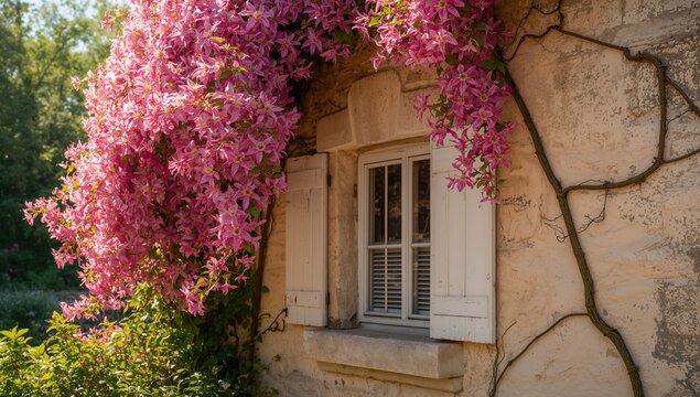 Pink flowers near house wall above window, ideal for garden or outdoor decor themes