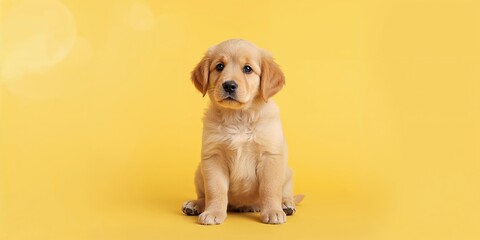 Small dog with adorable features isolated on a yellow background, suitable for pet care branding